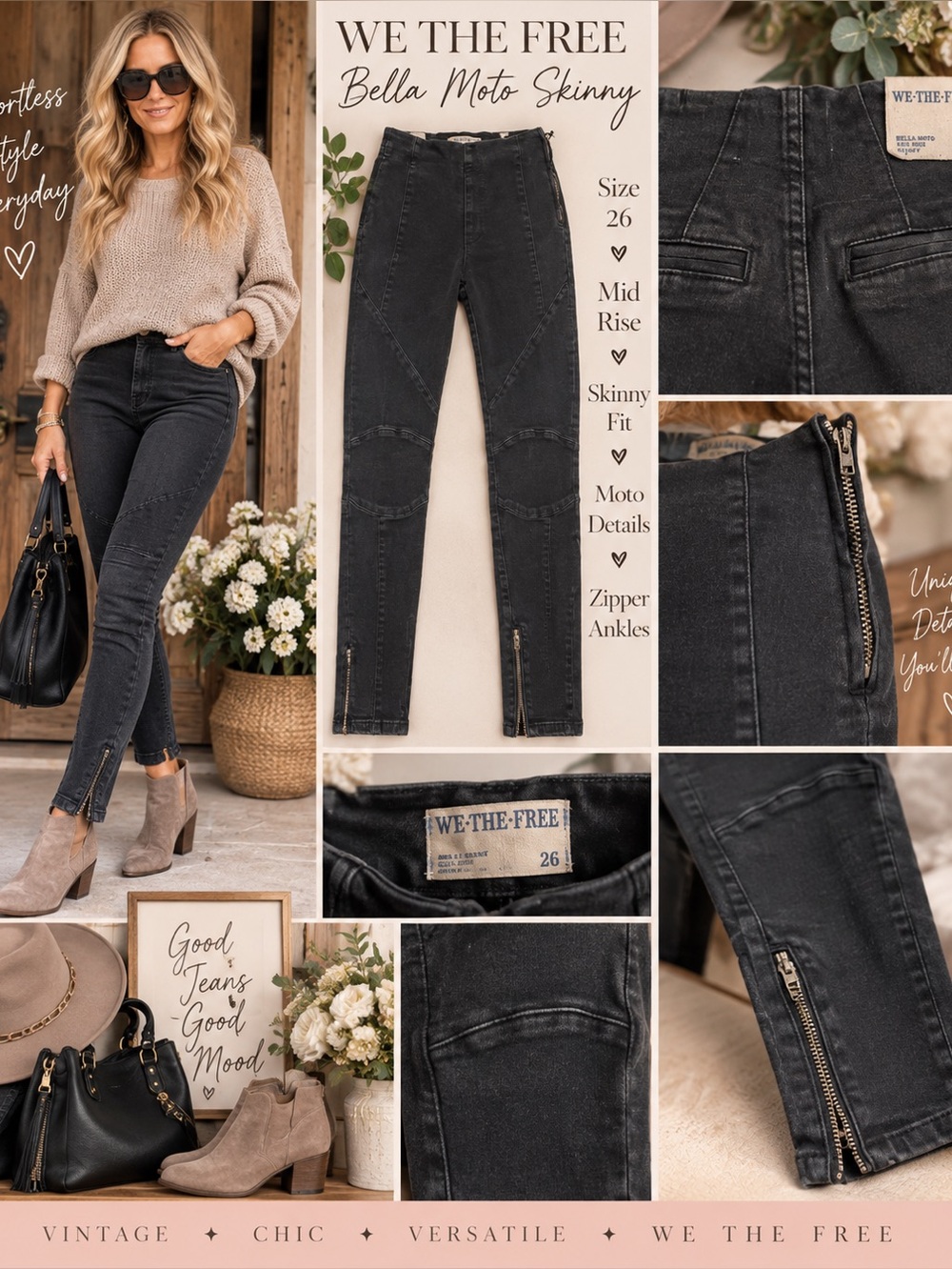 We The Free Black Skinny Moto Jeans with Ankle Zips
